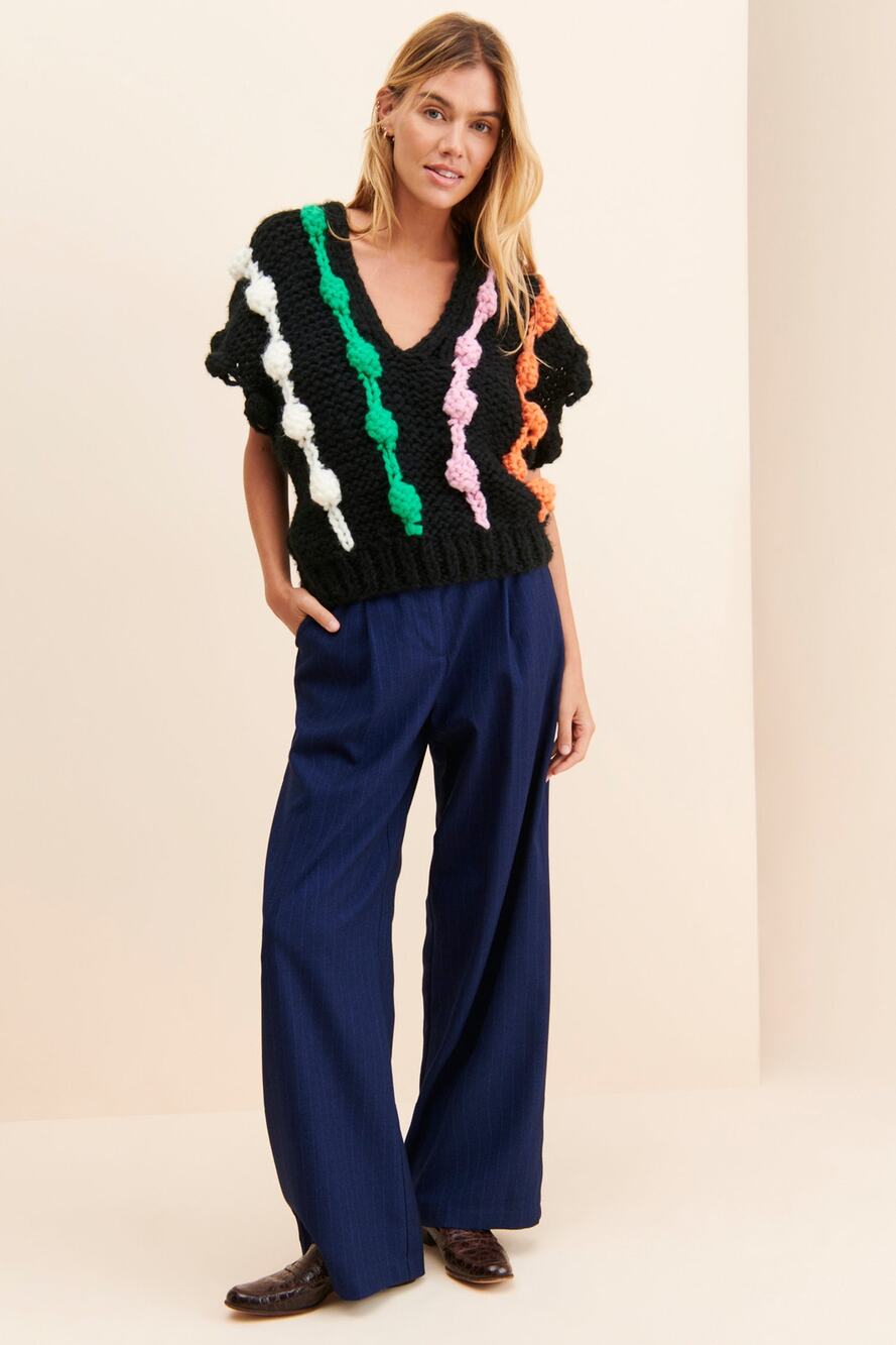 Anthropologie Bauble Pom Pom Striped Crochet Knit Sleeveless Sweater Vest OS